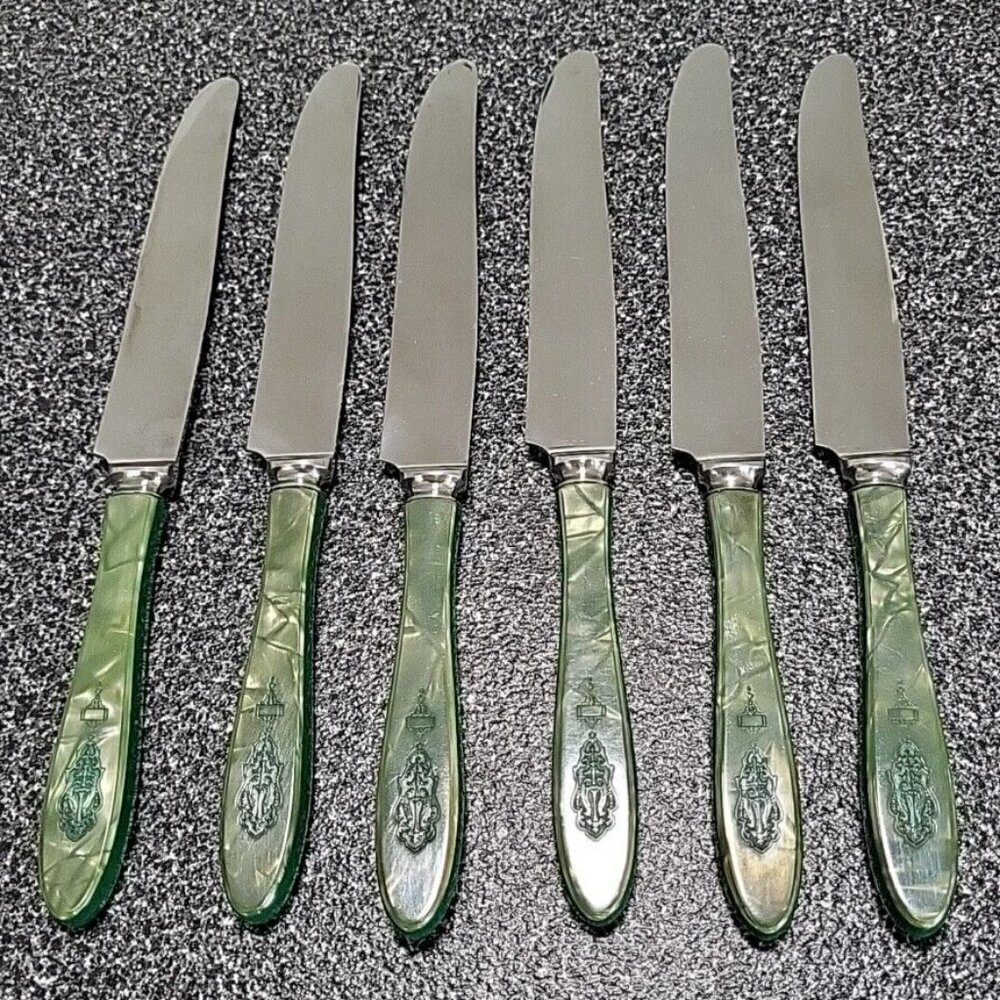 1923 Bird Of Paradise Set Of 6 Knives Jewel Handle Rare In Original Box - Picture 2 of 7